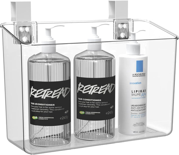 vacane Plastic Over Cabinet Door Organizer with Removable Hooks, Clear Hanging Baskets for Kitchen, Pantry, Bathroom