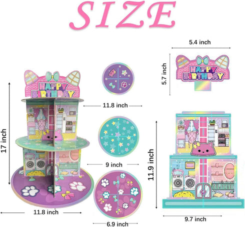 Terasilian 3-Tier 24 Cartoon Cat Dollhouse Cupcake Stand Pink Cake Stand for Cupcakes Dollhouse Theme Birthday Supplies