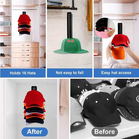 Hat Rack for Wall, 2 Packs Adhesive Organizer for Baseball Caps, Holds Up to 32 Hats, Hat Storage Display.