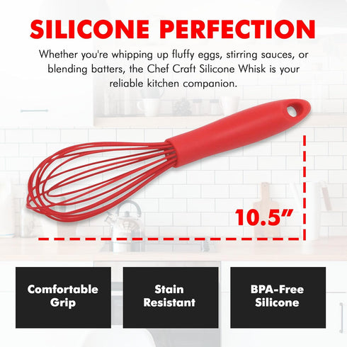 Chef Craft Premium Silicone Wire Cooking Whisk, 10.5 Inch, Red Color