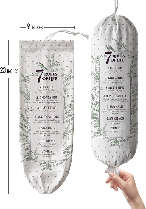 Hglian Holder,7 Inspirational Plastic Bag Rules of Life Grocery Bag Organizer Canvas Shopping Trash Bags