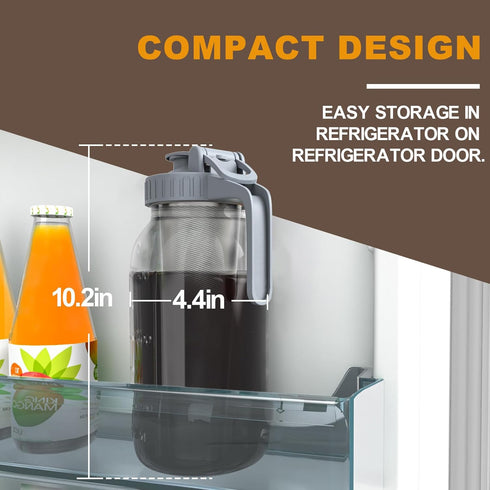 Cold Brew Coffee Maker Jar - 64oz Thick Glass Mason Pitcher with Spout Lid, Handle & Stainless Steel Filter