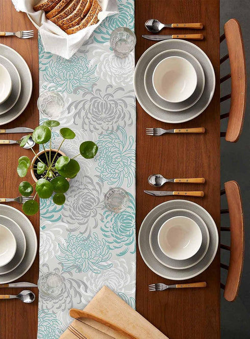 PIEPLE 13x36inches Aqua Chrysanthemum Flowers Table Runner-Cotton Linen-Small Dresser Scarves,Floral Grey Tablerunner