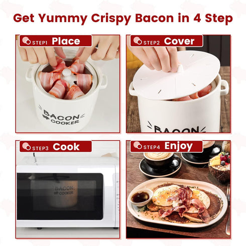 Microwave Bacon Cooker with Lid and Bonus Tongs - SOLIGT Ceramic Splatter-Proof Design Easy Faster Bacon Maker for