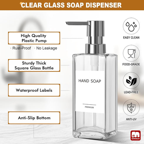 12 oz/350ml Set GMISUN Kitchen Soap Dispenser, Fl Clear Dish Soap Dispenser with Silver Sponge Holder, Customized Glass