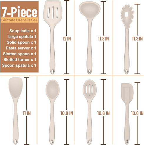 E-far Silicone Cooking Utensils Set, 7-Piece Khaki Heat Resistant Kitchen Utensils Set, Kitchen Nonstick Tools Spatula Ladle Spoon Pasta Server for Non-stick Cookware, Non-Toxic & Dishwasher safe by E-far