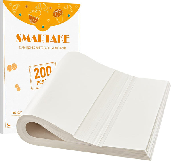 SMARTAKE 200 Pcs Parchment Paper Baking Sheets, 12x16 Inch Non-Stick Precut for Baking, Grilling, and More