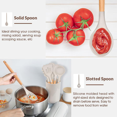 E-far Cooking Utensils Set of 6 - Silicone Kitchen Utensils with Wooden Handle, Non-stick Cookware Friendly, Heat