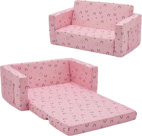2-in-1 Ulax furniture Kids Fold Out Couch Children Convertible Sofa to Lounger with Soft Plush Fabric(Pink Rainbow)