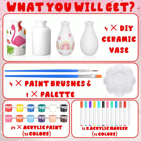 Singhoow 4 Set Mother's Day Paint Your Own Porcelain Paint Vase Art Project White Ceramic Painting Kit for Adults