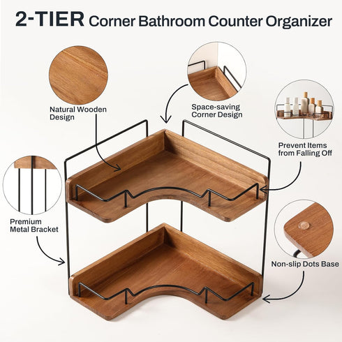 Snuvid 2-Tier Counter Countertop Bathroom Organizer, Wooden Corner Shelf for Vanity Skincare & Makeup, Storage