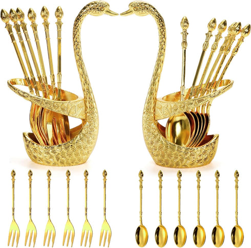 14 Pack Swan Base Holder with Coffee Spoons & Forks, Gold Dessert Flatware Set for Mixing, Stirring, Serving