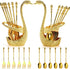 14 Pack Swan Base Holder with Coffee Spoons & Forks, Gold Dessert Flatware Set for Mixing, Stirring, Serving