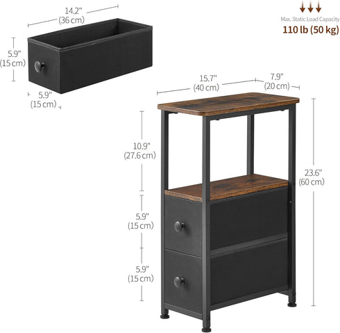 DALEMHOME 2 HKET1200BR End Table, Narrow Side Table with Fabric Drawers, Slim Nightstand, Small Bedside Table