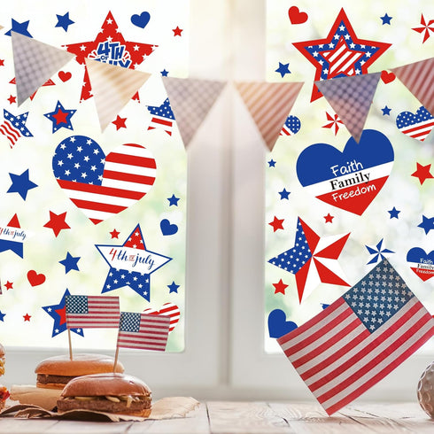 Whaline 9 Sheets 206Pcs 4th of July Window Clings Red Blue White Star Heart Shape Patriotic Window Decals Double-Sided Window Decor for Independence Day Home School Office Decor by Whaline