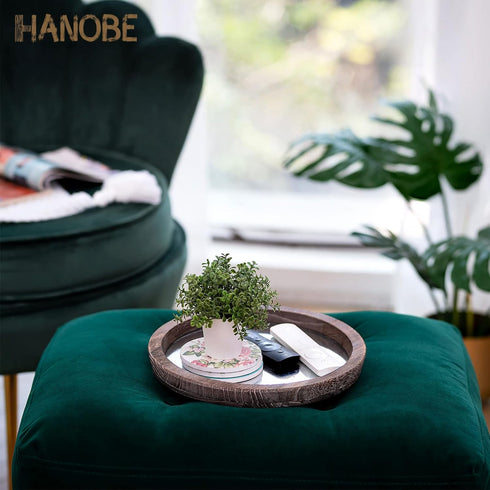 Hanobe Round Wood Decorative Tray: Rustic Wooden Tray for Coffee Table Farmhouse Centerpiece Mirror Candle Holder