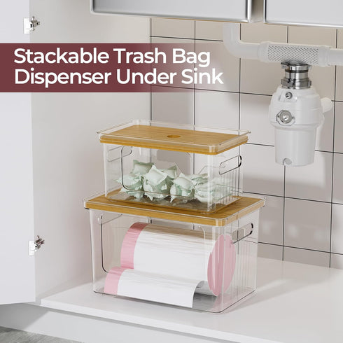 2 Pack Delamu Acrylic Trash Bag Holder, (XL+S) Stackable Garbage Bag Dispenser, Clear Organizer Bins for Under Sink
