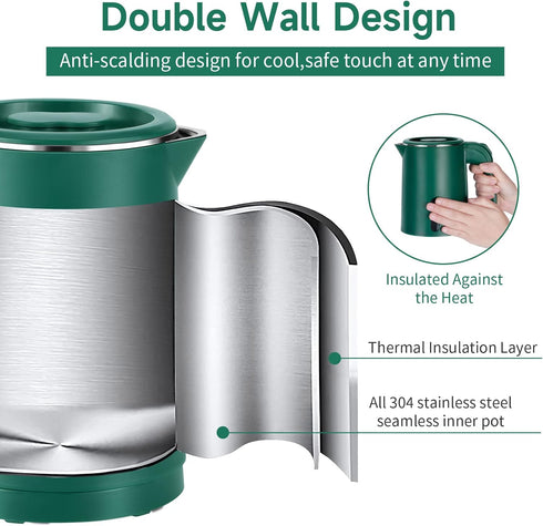 Small Electric Tea Kettle, 0.8L Portable Mini Hot Water Boiler Heater with Auto Shut-Off & Boil Dry Protection (Green)