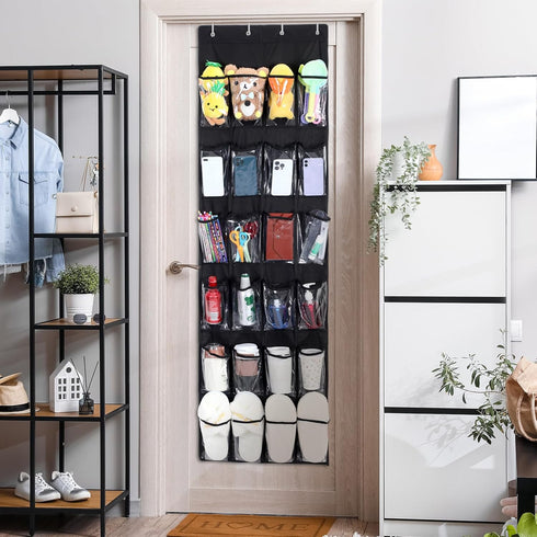 24 Pockets Hanging Shoe Organizer, Large Clear Pockets Over the Door for Closet Storage (Black)
