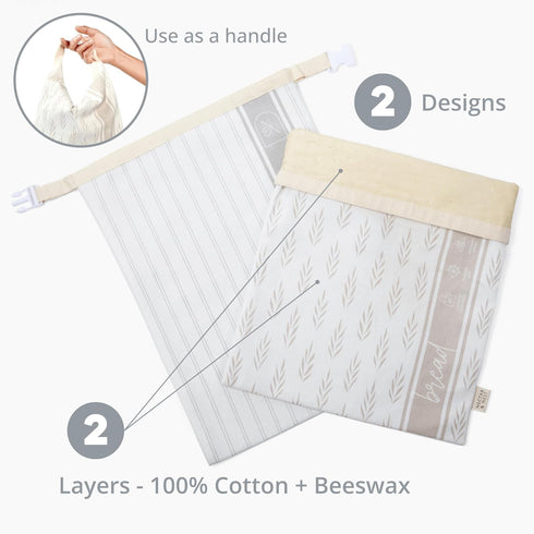 Reusable Bread Bags for Homemade Bread (2 Pack) - Cotton Beeswax Bags for Sourdough Bread Storage