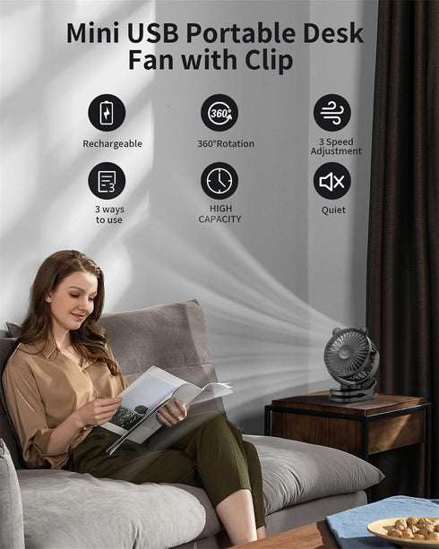 Clip on Fan, Rechargeable Portable Fan with 2000mAh Battery Operated, Small Fan with Powerful Clip Design, 3 Wind Speed, 360° Rotation, Ultra-Low Noise Level Personal Fan for Travel by GOTOTO