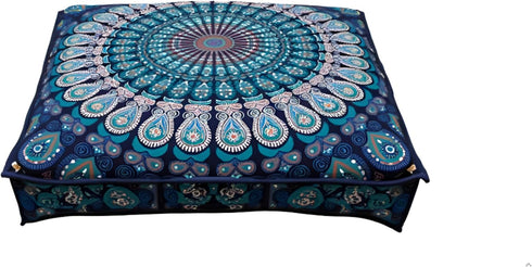 INDIAN CRAFT CASTLE 24" Blue Peacock Mandala Barmeri Large Floor Pillow Cover