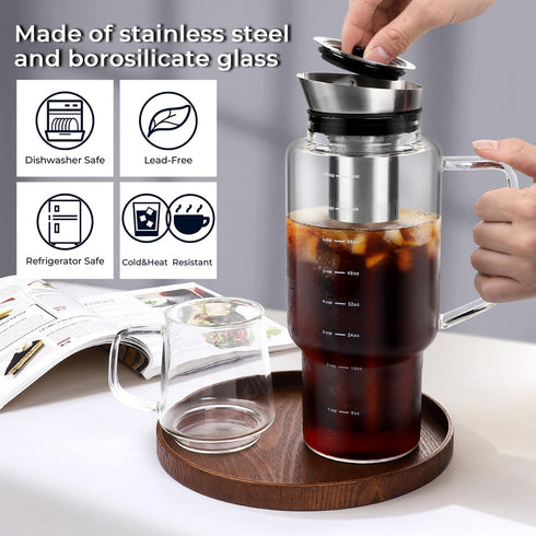 68oz Aquach Cold Brew Coffee Tea Maker, Glass Pitcher & Stainless Steel Filter, Dishwasher Safe Iced Coffee Tea Maker