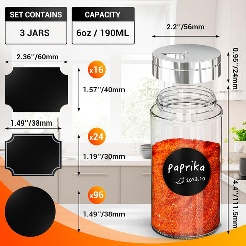 Segarty Spice Jar with Labels, 3 Pack 6oz Spice Jars with Shaker Lids Adjustable Pour Large Holes, Empty Glass Spices Containers with 136 Labels Stickers and 1 Chalk Marker Salt Shakers Set