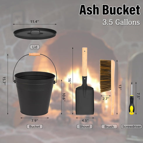 FEED GARDEN 3.5 Gallon Mini Ash Bucket with Lid, Shovel, Broom, Iron Metal Bucket for Fireplace Fire Pits, Indoor