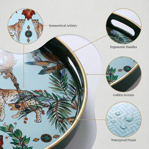 13" Zosenley Round Decorative Tray, Marbling Plastic with Handles, Modern Vanity and Serving for Ottoman, Coffee Table