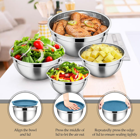 TeamFar Mixing Bowls with Lids, 5PCS Stainless Steel Salad Bowls with 3 Grater Attachments for Cooking and Serving