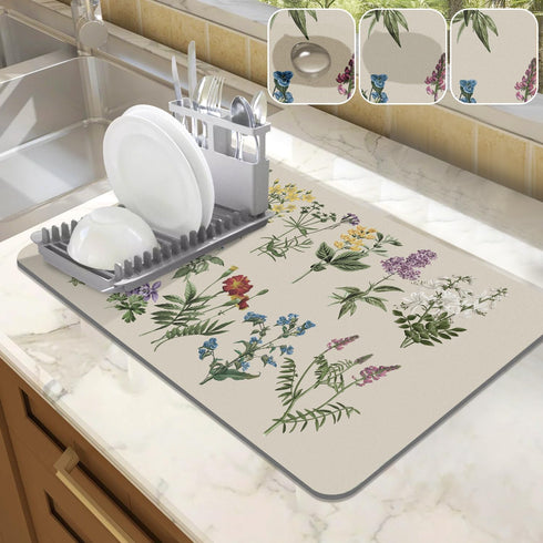 LOKHOM Dish Drying Mat, 12"x20" Absorbent Coffee Bar Mat with Vintage Sage Flower Herbs for Kitchen Counter