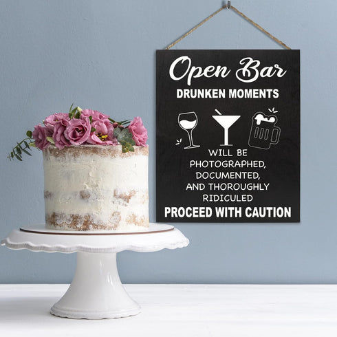 JennyGems Open Bar Hanging Wood Sign | Funny Wedding Reception Decor, Drunken Moments Will Be Photographed