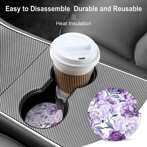 Purple Floral Cup Holders Car Coasters Set, Pretty Design to Keep Cup Holders Clean, Pack of 2
