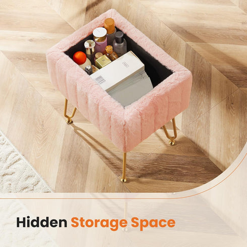 18.9H 16L 12.2W 4 Sweetcrispy Vanity Stool Chair with Storage, x x Ottoman Chair Faux Fur Soft Padded Makeup Footstools
