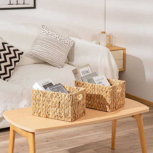 ELONG HOME 2 Pack Water Hyacinth Wicker Baskets, Rectangular 12" Woven Storage Baskets with Handles for Shelves