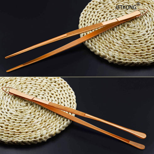 JETKONG 2 Pcs 12-Inch Kitchen Tweezers, Stainless Steel Long Food Tweezers Cooking Tongs (Rose Gold)