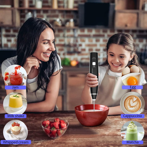 Milk Frother Handheld Foam Maker with 2 Stainless Stirring Head 3 Speed Rechargeable Electric Blender Milk Frother Wand Drink Mixer for Cappuccino Matcha Latte Hot Chocolate Protein Powder Egg (Black) by ENJOYCOOL