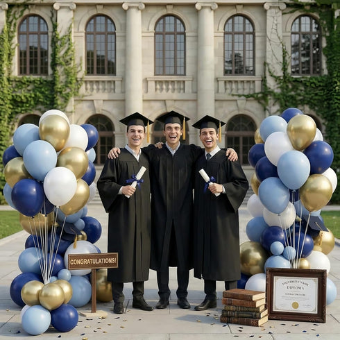 12inch Retro Navy Blue Gold and White Balloons, Pastel Dark Light Blue White Latex Balloons with Metallic Chrome Gold