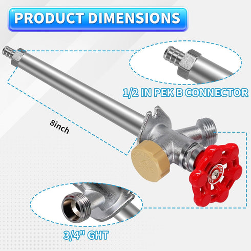8inch 1/2'' 3/4'' Boltigen Freeze Proof Outdoor Water Faucet, No Lead Brass Anti-Siphon Frost Free Sillcock, Pex
