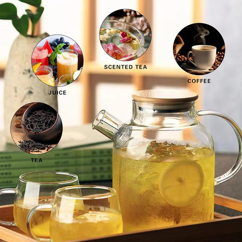 Glass Teapot, Stovetop and Microwave Safe Borosilicate Teapot, 60.8 oz with Natural Bamboo Lid and Removable Filter