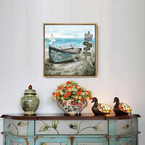 Framed Beach Décor Canvas Picture - Coastal Ocean Artwork with Sea Bird Boat for Bathroom Bedroom Living Room