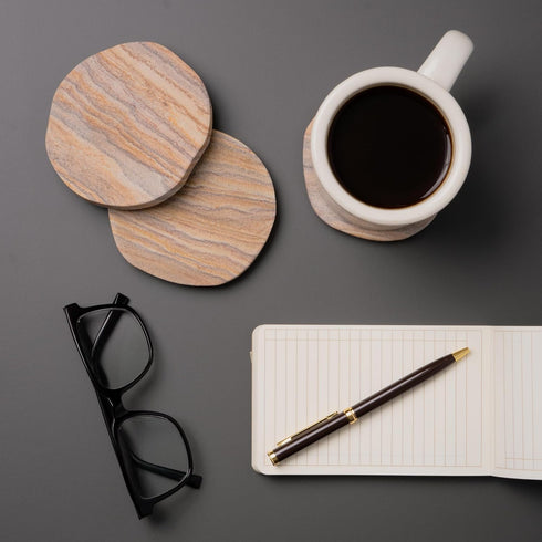 Set 4 4" Cork & Mill Absorbent Coasters of - Water Absorbing Sandstone Coasters for Drinks - Perfect for Coffee Table