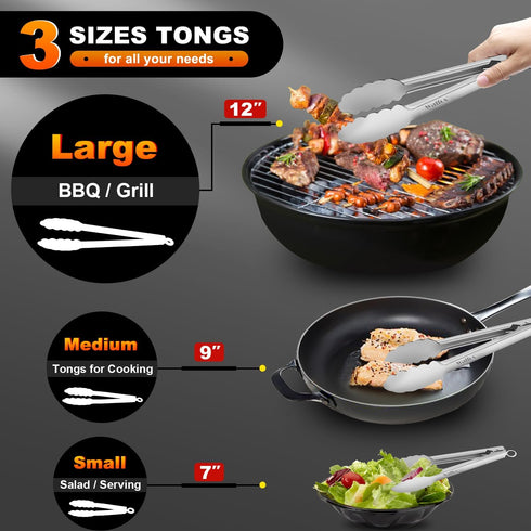 Walfos All Metal Kitchen Tongs: Heavy Duty 600? Heat Resistant Stainless Steel Tongs Set of 3 (7, 9, 12 Inch)