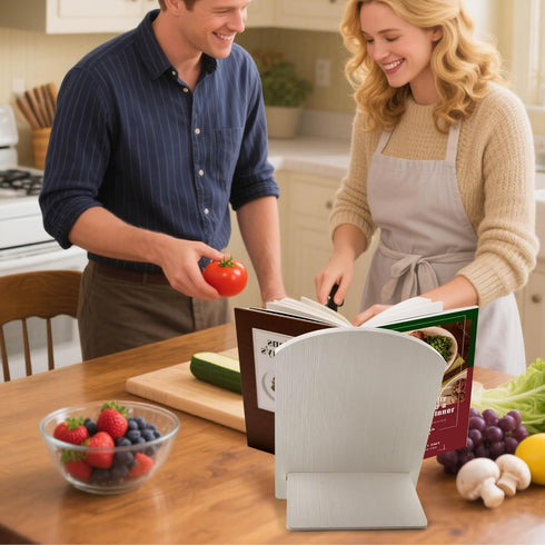 Wood Cookbook Stand, Adjustable Cookbook Holder for Kitchen, Recipe Stand for Counter, White