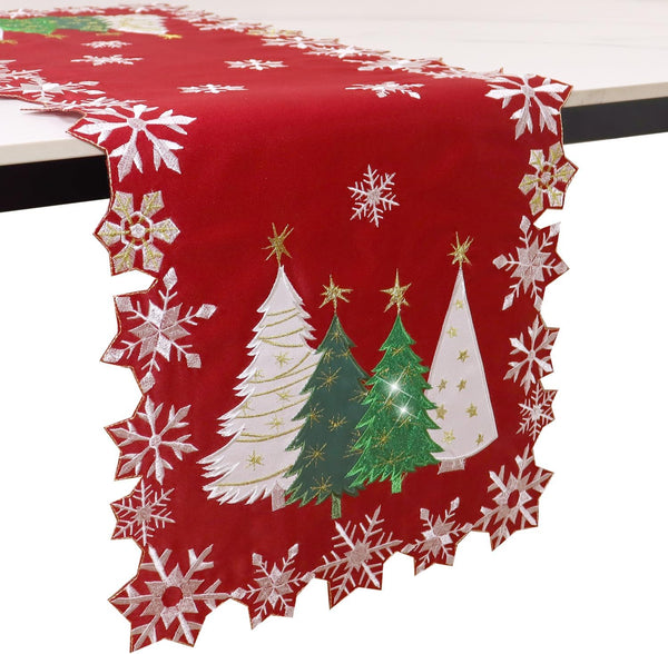 Christmas Tree Table Runner Embroidered Xmas Red White Snowflakes Runners Snow Decorations