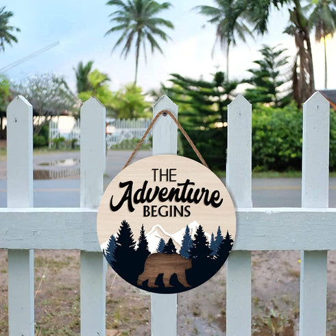 LHIUEM The Adventure Begins Wooden Hanging Sign, Bear Mountain Inspirational Quotes for Home Cabin Decor, 12”X 12”