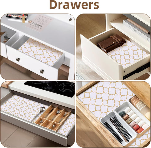 Shelf Liners for Kitchen Cabinets, 12in x 10FT Non Adhesive Drawer Liner, Gold Quatrefoil Thickened Shelf Liner Paper