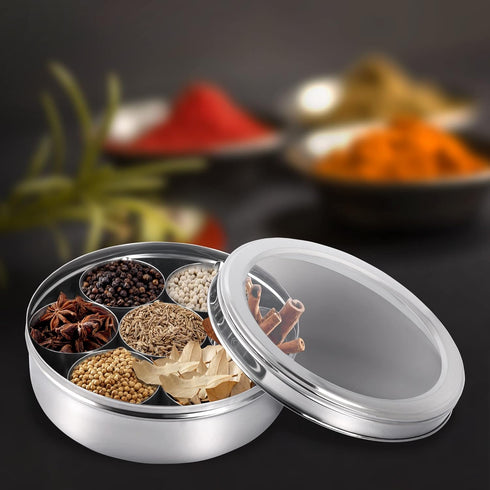 7 7 KSJONE Seasoning Box, Compartments and Spoons Seasoning Rack Spice Pots, Storage Container Condiment Jars Stainless