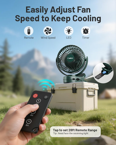 Coolice 12000mAh Camping Fan with Remote Control - Rechargeable Battery Powered Fan, Camping Fans for Tents with LED